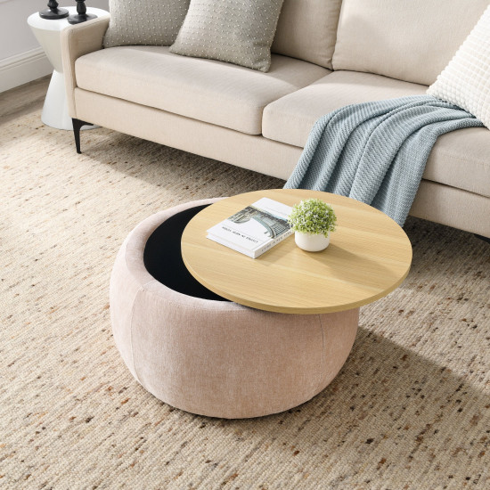 Round Storage Ottoman, 2 In 1 Function, Work As End Table And Ottoman, Pink (25.5"x25.5"x14.5")