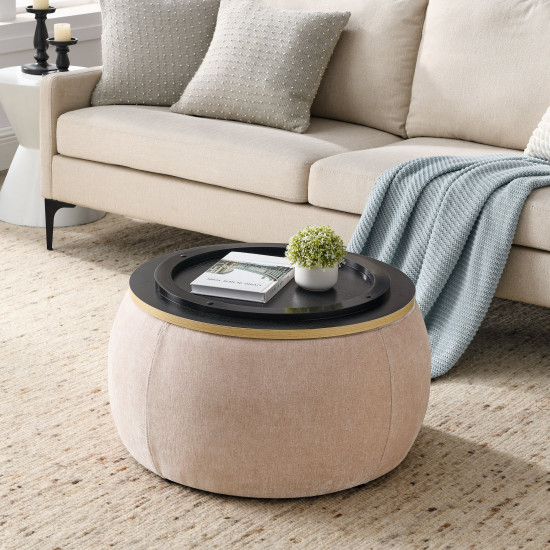 Round Storage Ottoman, 2 In 1 Function, Work As End Table And Ottoman, Pink (25.5"x25.5"x14.5")