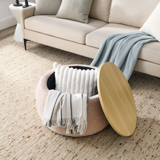 Round Storage Ottoman, 2 in 1 Function, Work as End Table and Ottoman, Pink (25.5"x25.5"x14.5")